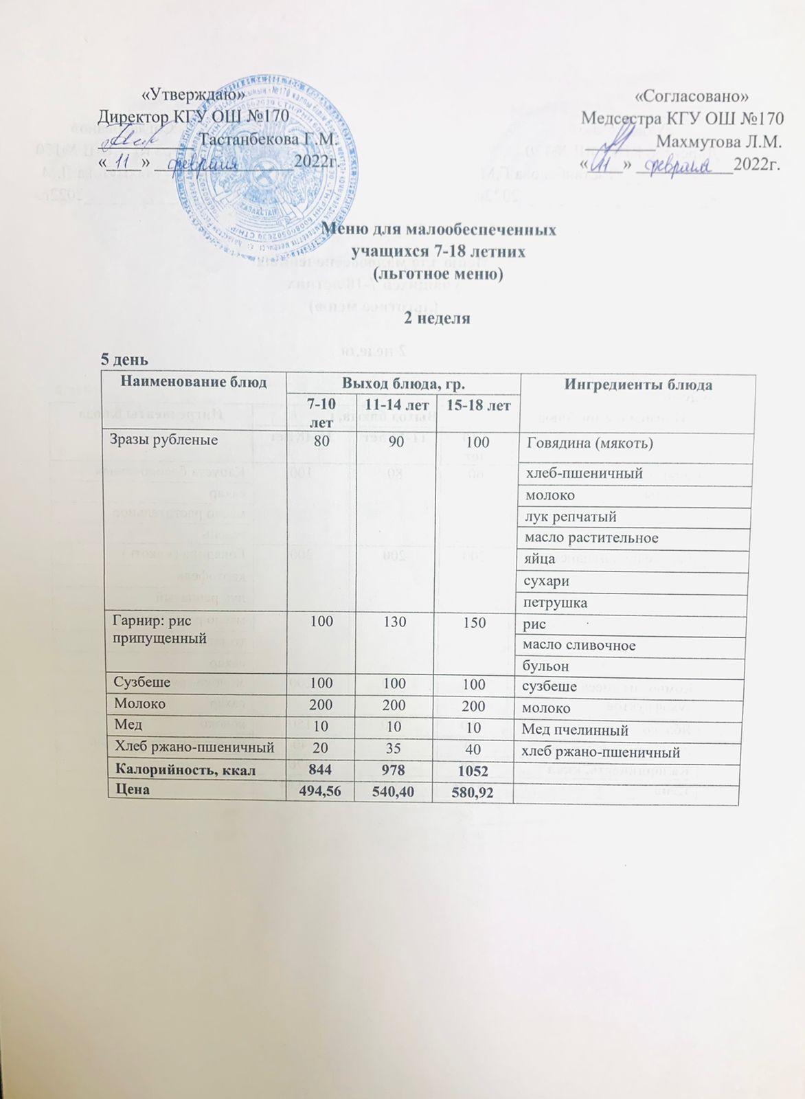 Ас мәзірі/Меню на 11.02.2022