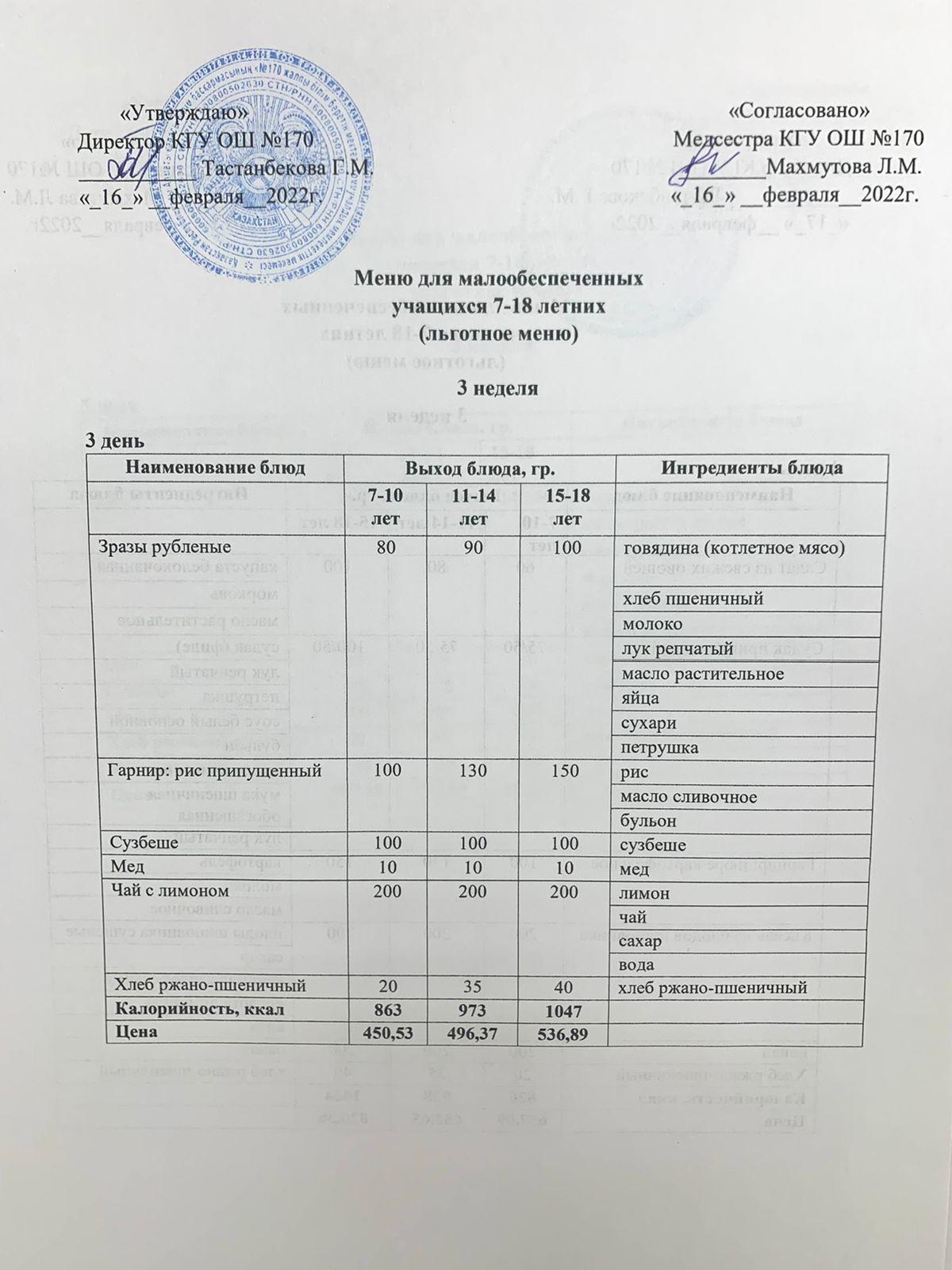 Ас мәзірі/Меню на 16.02.2022