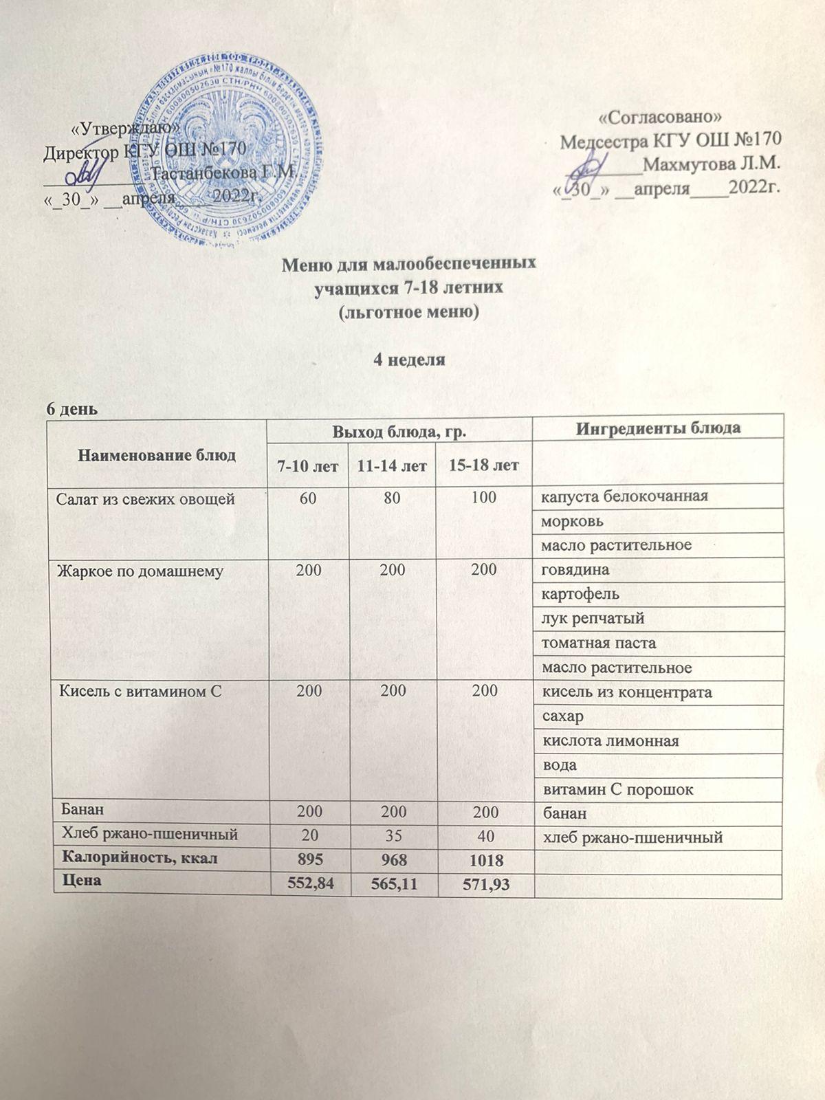 Ас мәзірі/Меню на 30.04.2022