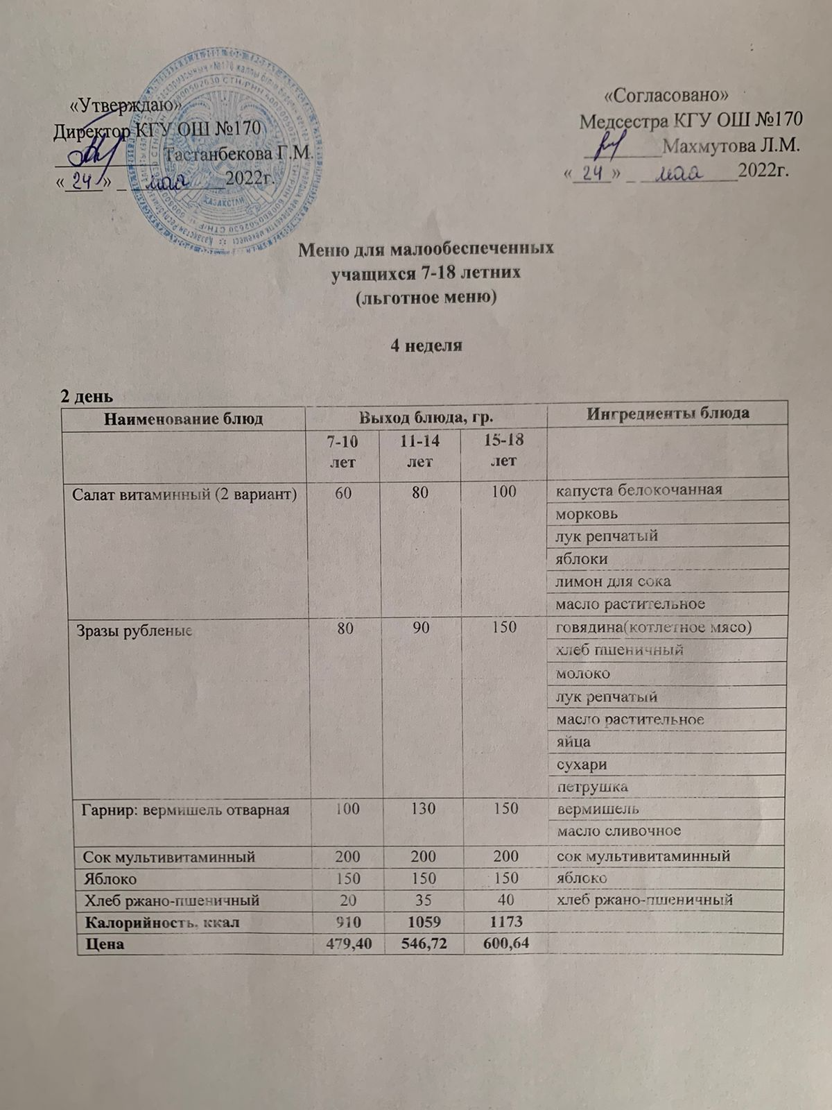 Ас мәзірі/Меню на 24.05.2022