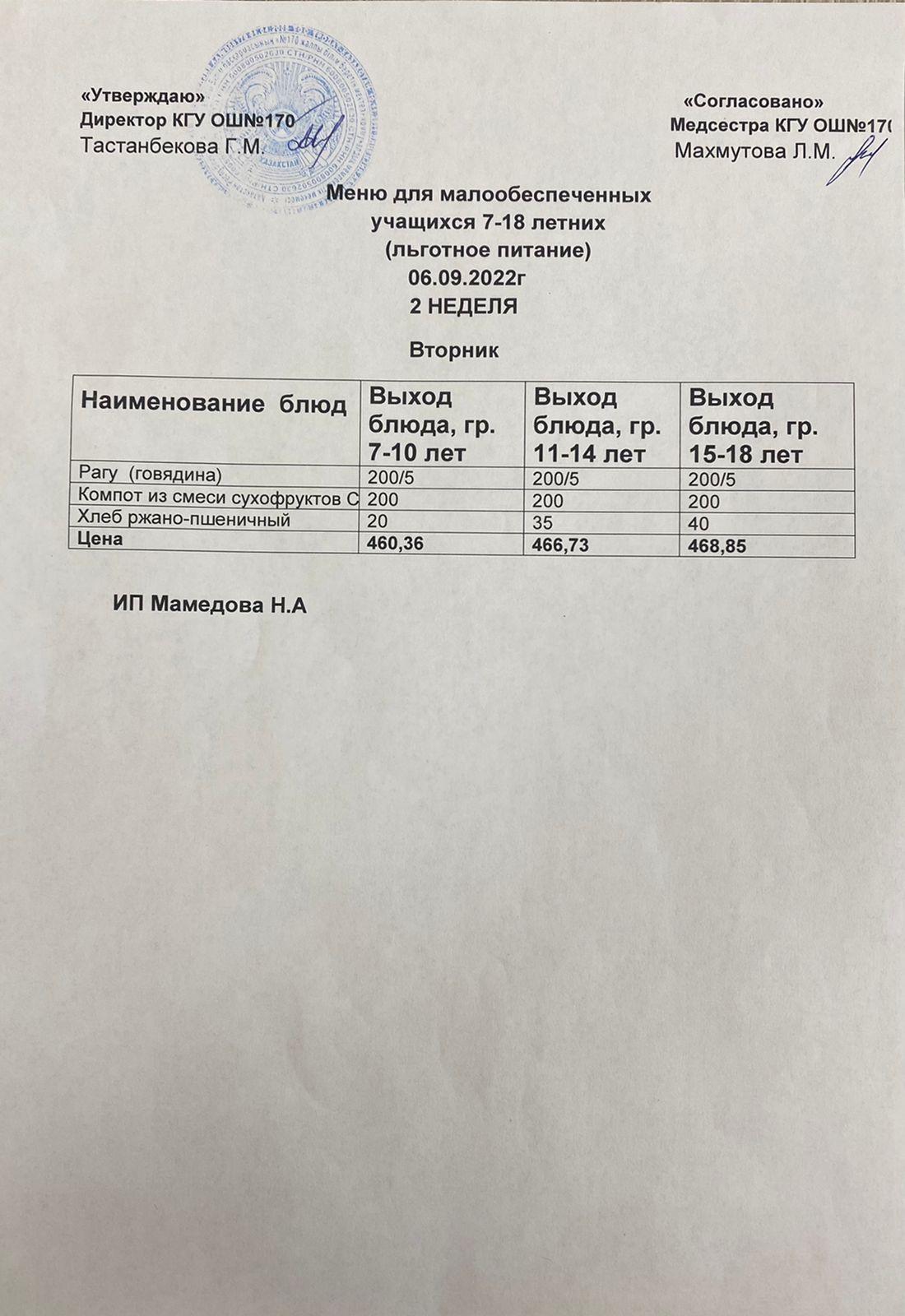 Ас мәзірі/Меню на 06.09.2022