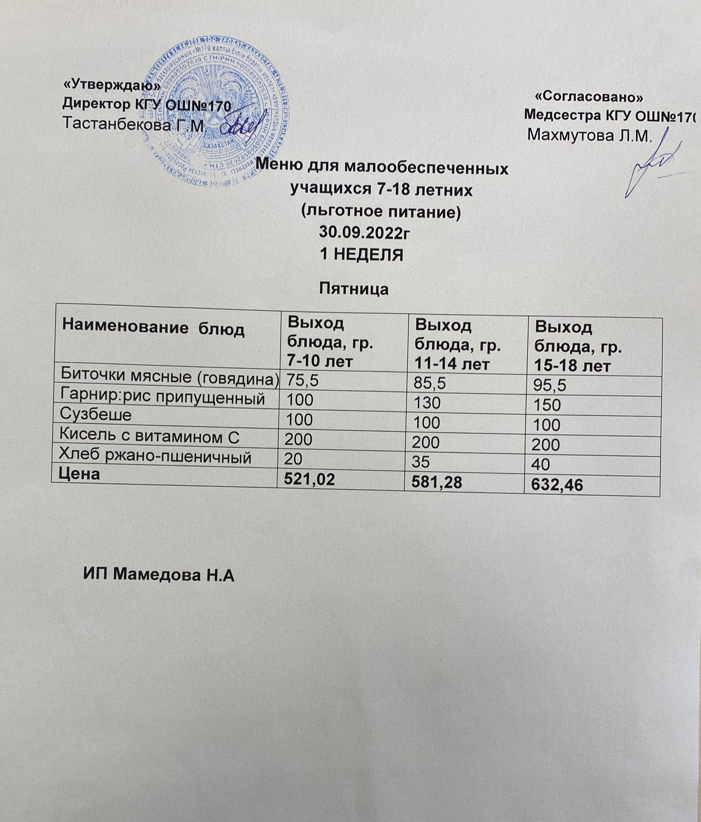 Ас мәзірі/Меню на 30.09.2022