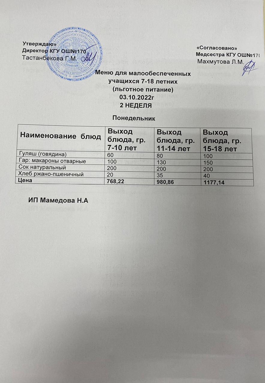 Ас мәзірі/Меню на 03.10.2022