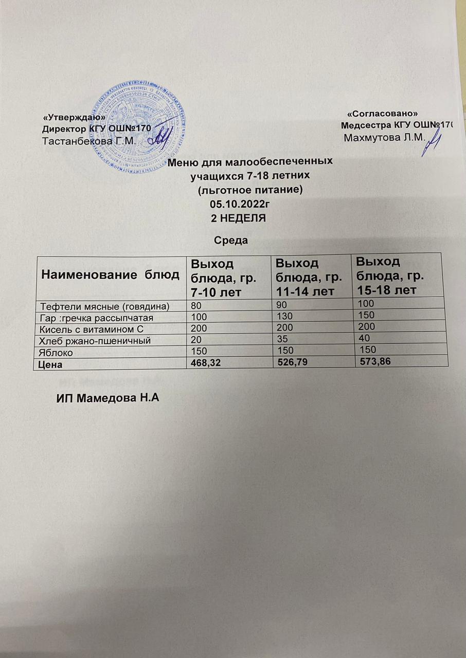 Ас мәзірі/Меню на 05.10.2022