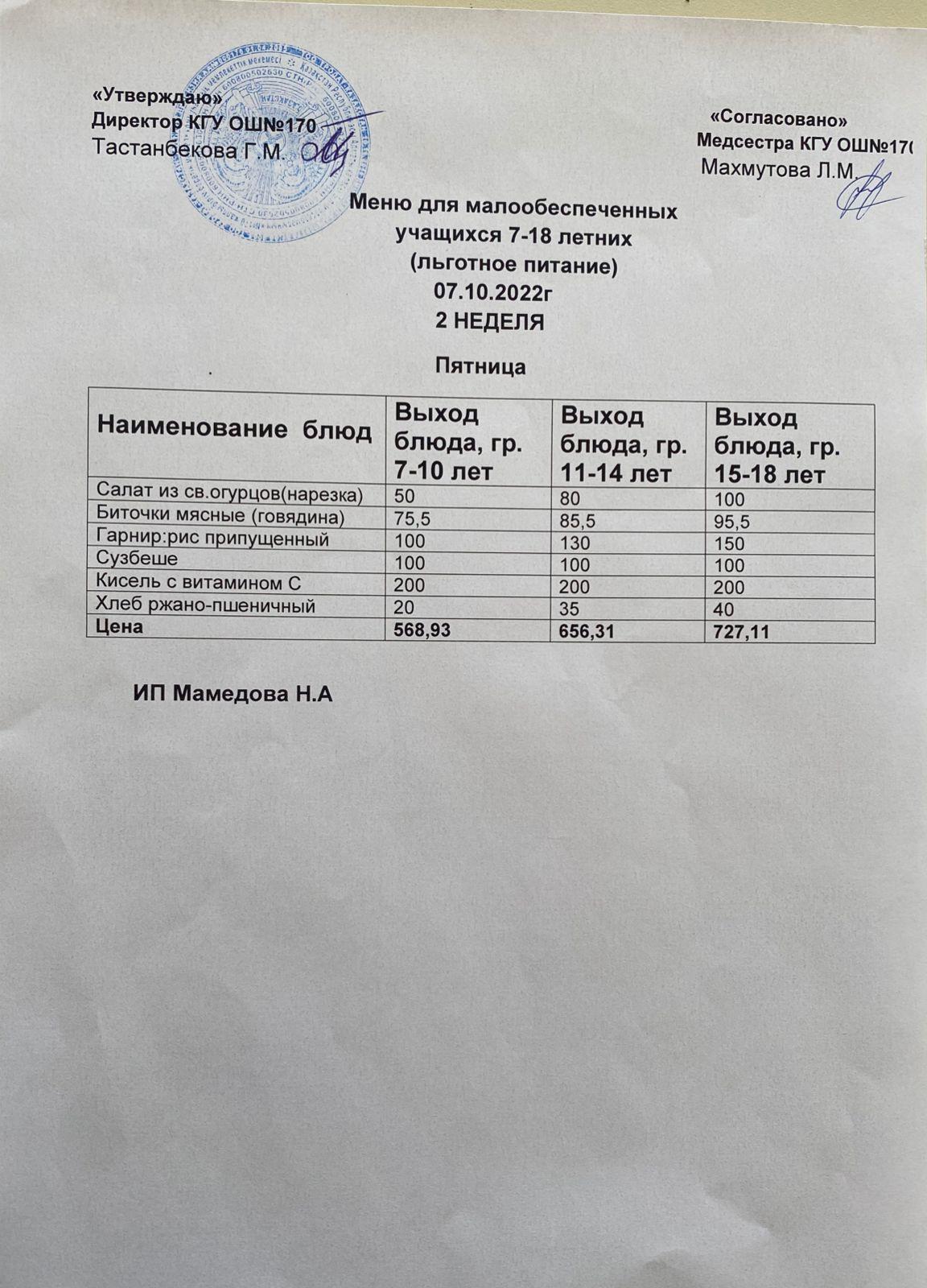 Ас мәзірі/Меню на 07.10.2022