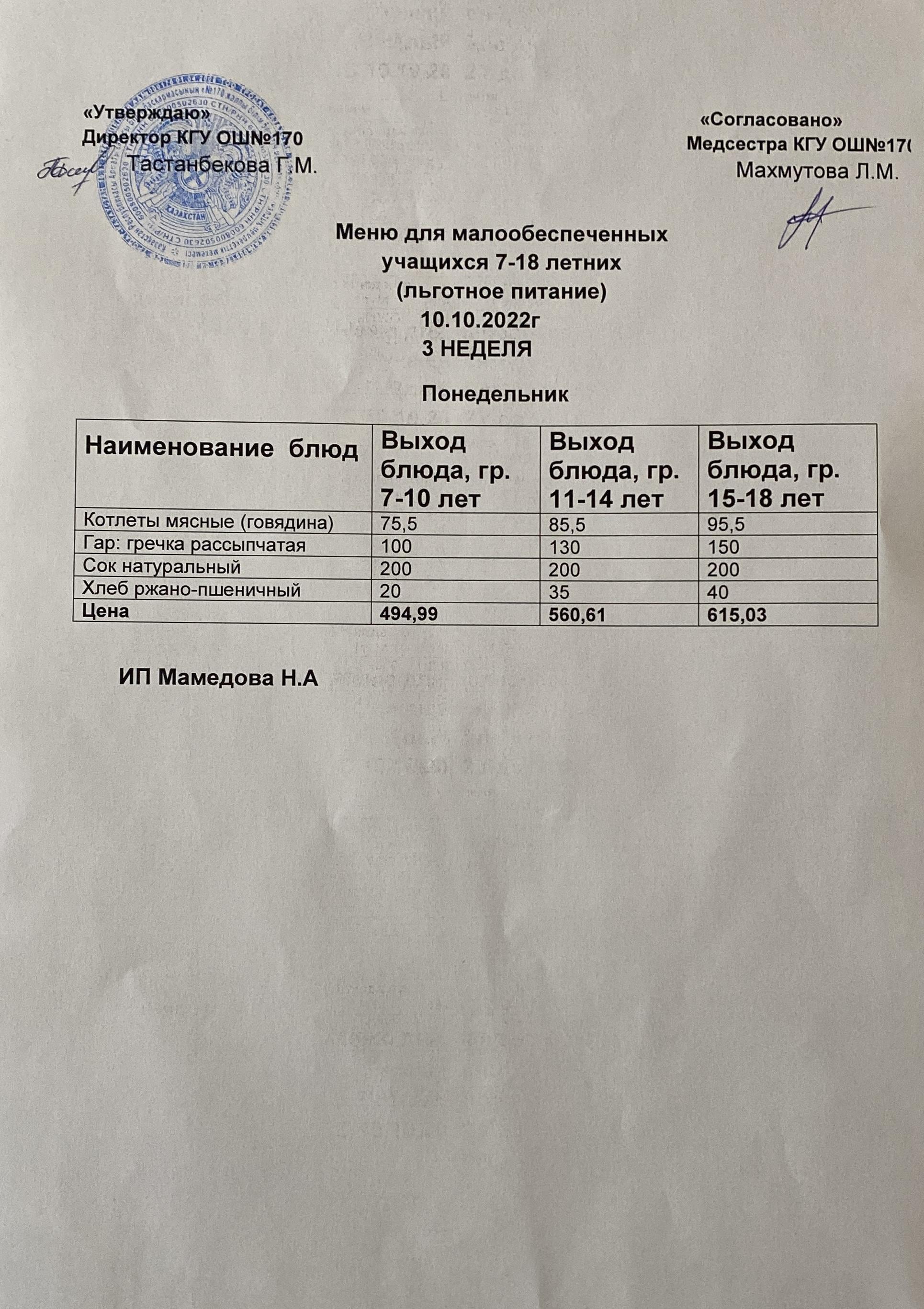 Ас мәзірі/Меню на 10.10.2022