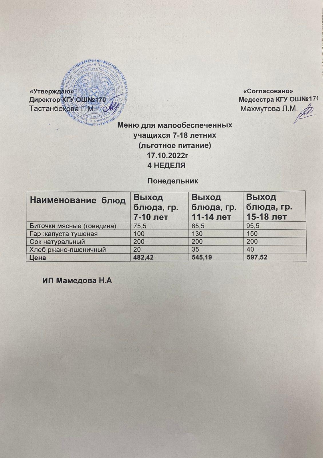 Ас мәзірі/Меню на 17.10.2022