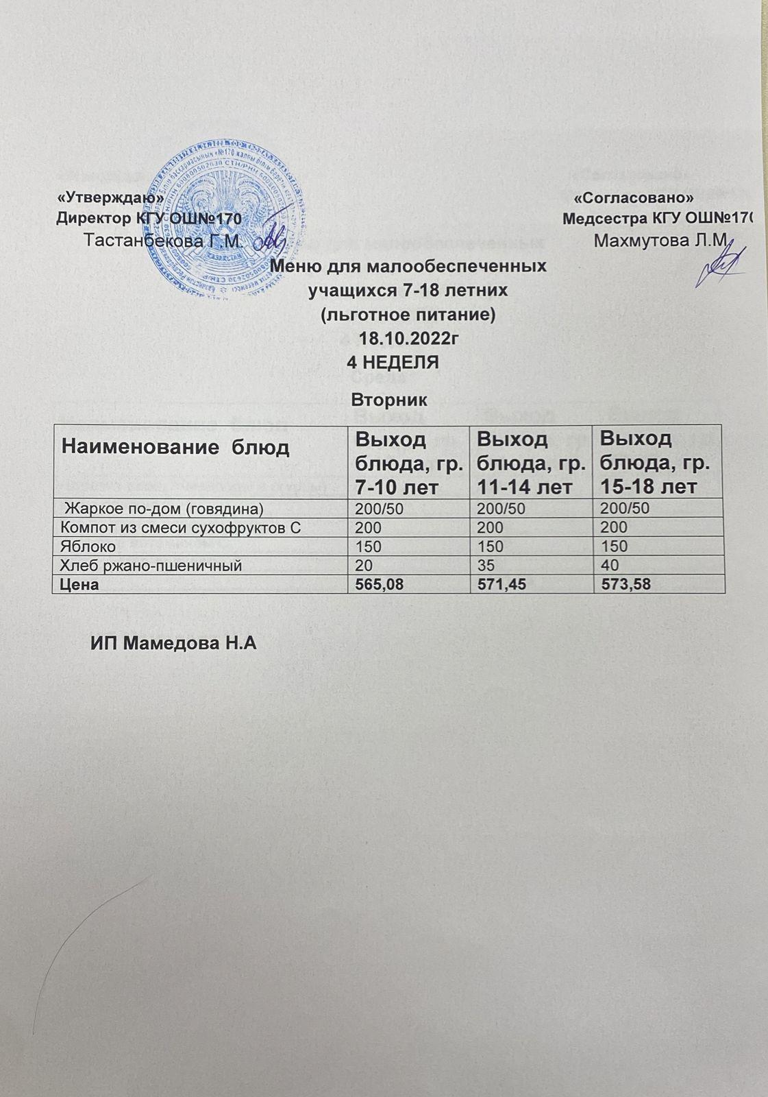 Ас мәзірі/Меню на 18.10.2022