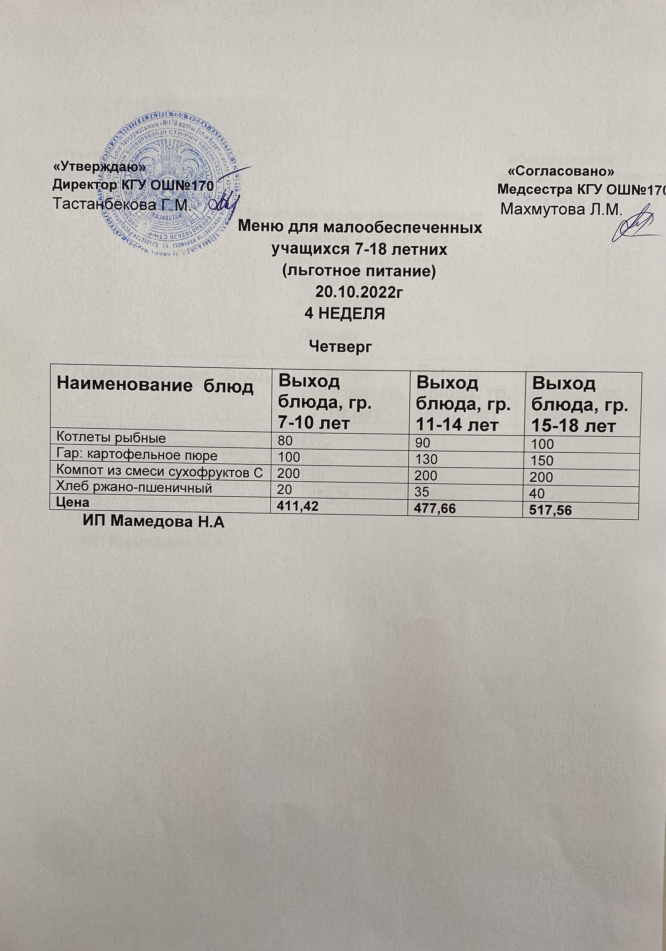 Ас мәзірі/Меню на 20.10.2022