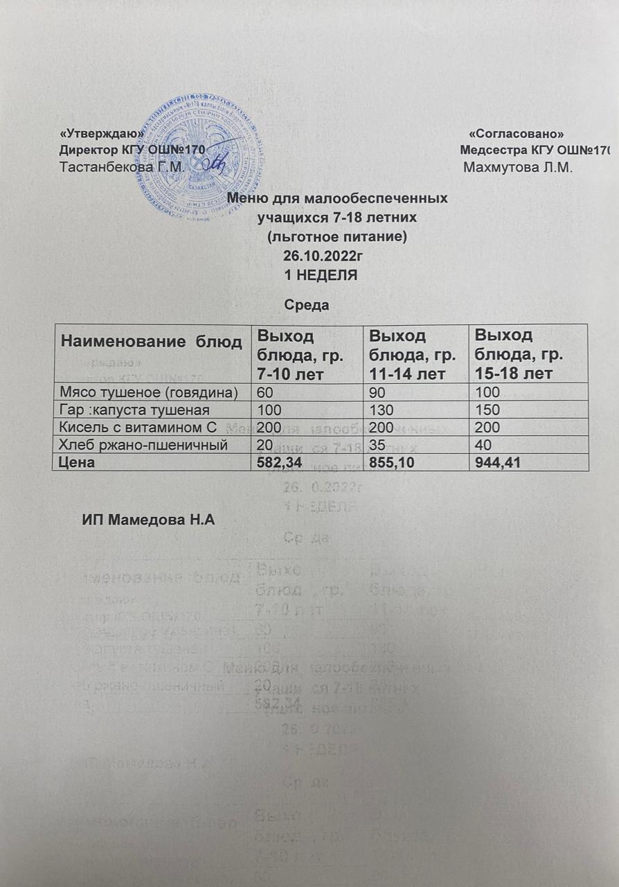 Ас мәзірі/Меню на 26.10.2022ж