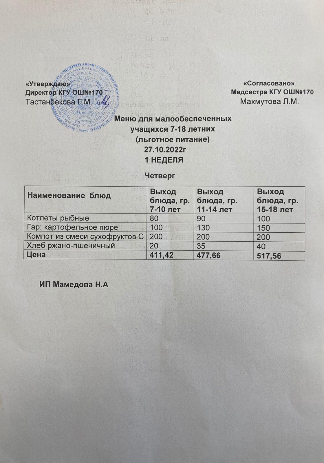 Ас мәзірі/Меню на 27.10.2022