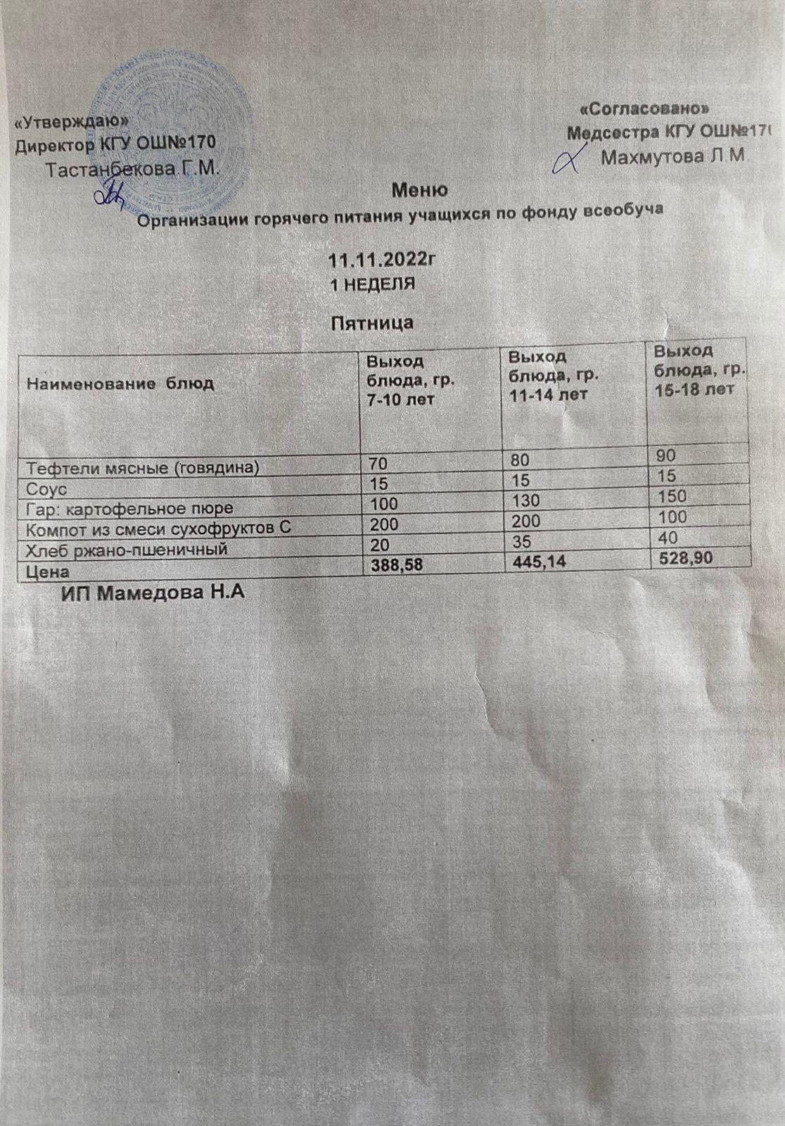 Ас мәзірі/Меню на 11.11.2022г