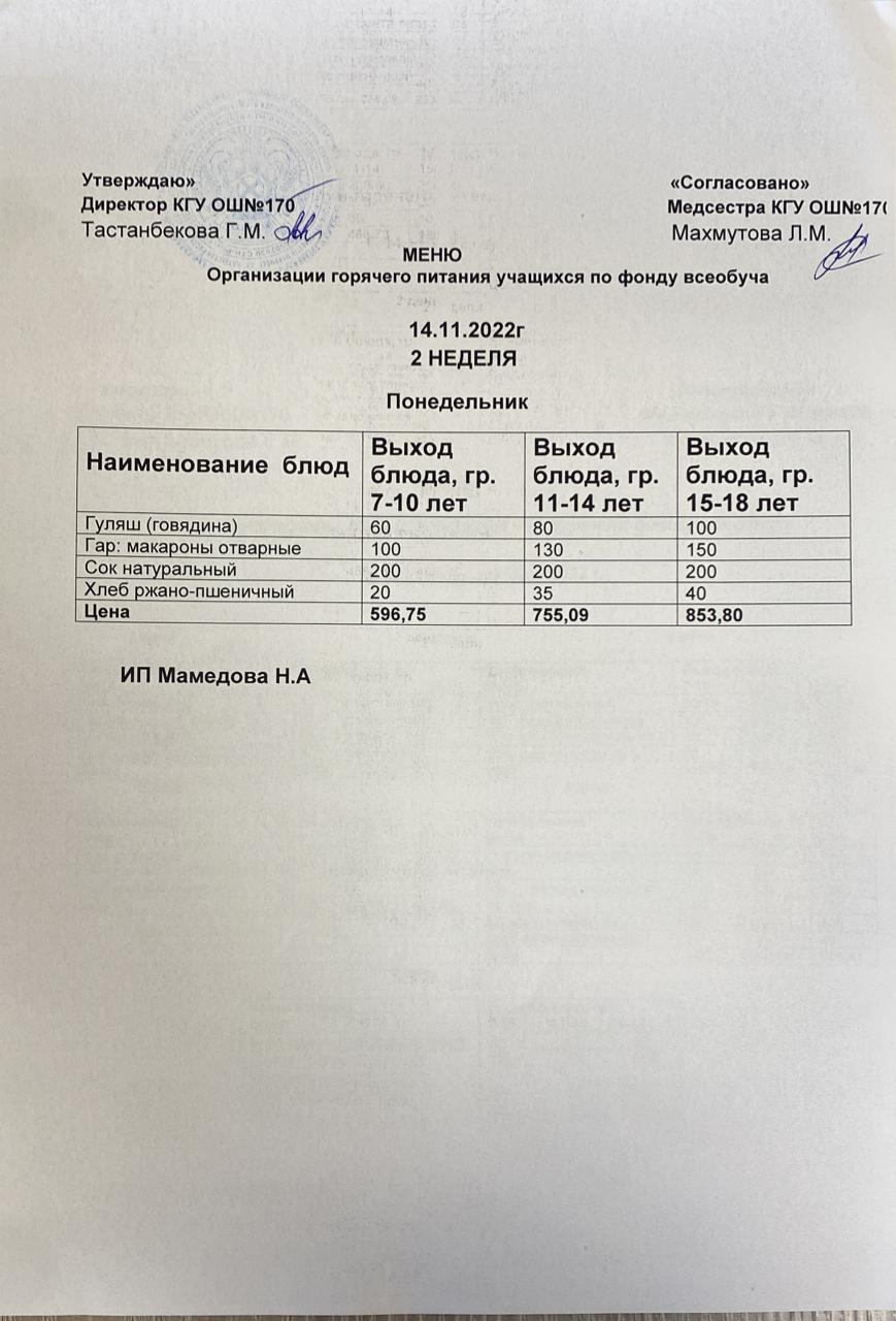 Ас мәзірі/Меню на 14.11.2022