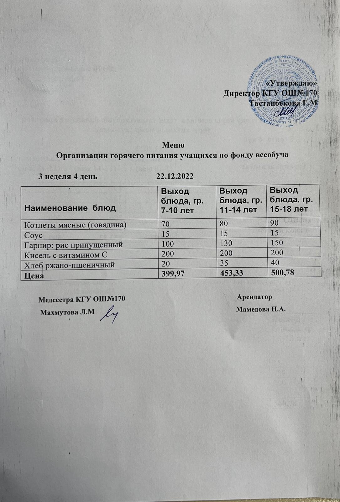 Ас мәзірі/Меню на 22.12.2022