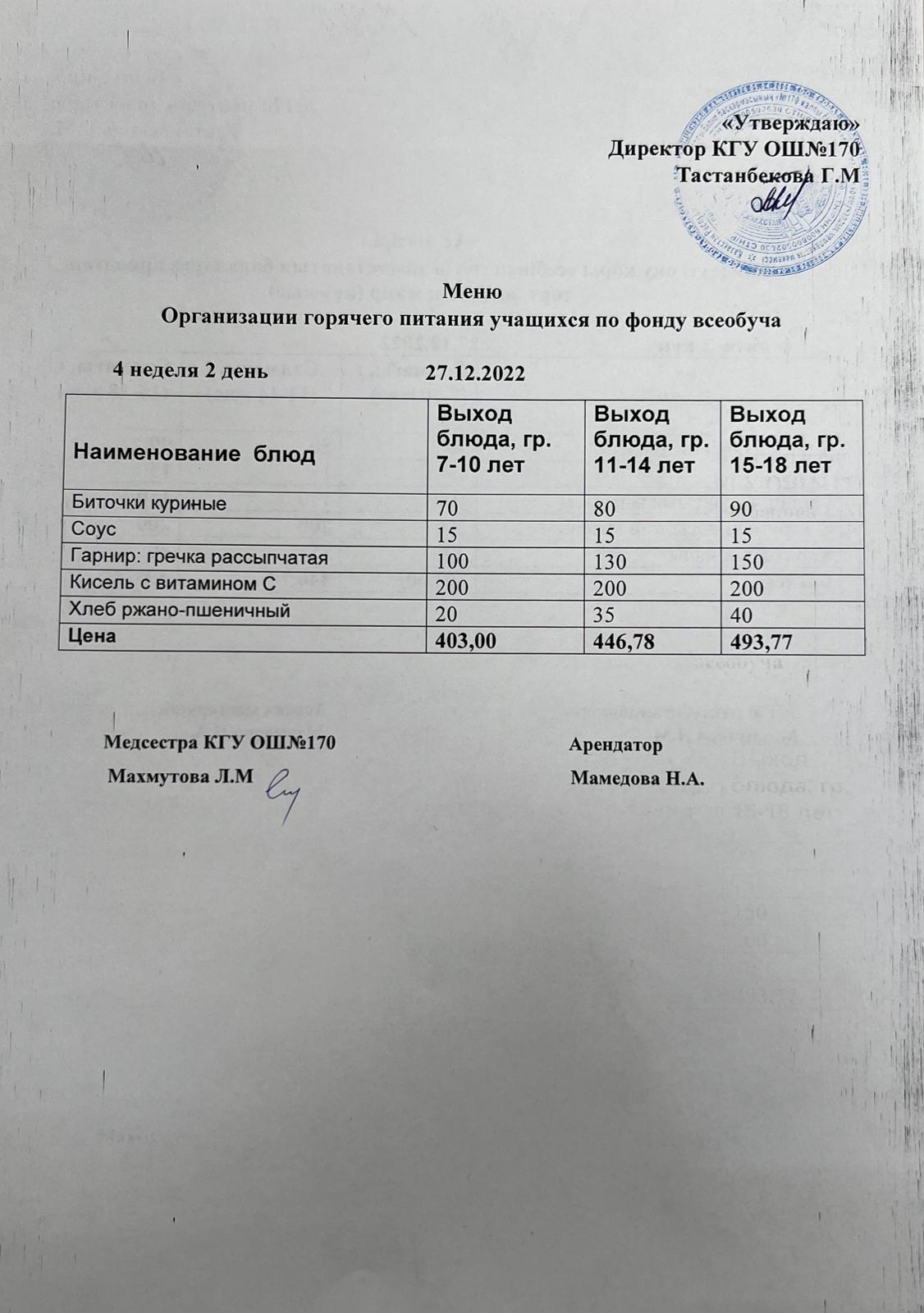 Ас мәзірі/Меню на 27.12.2022