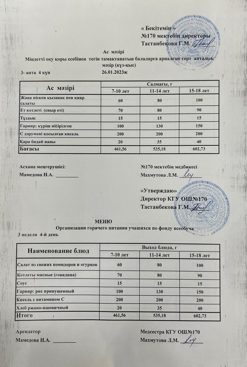 Ас ммәзірі / меню на 26.01.2023