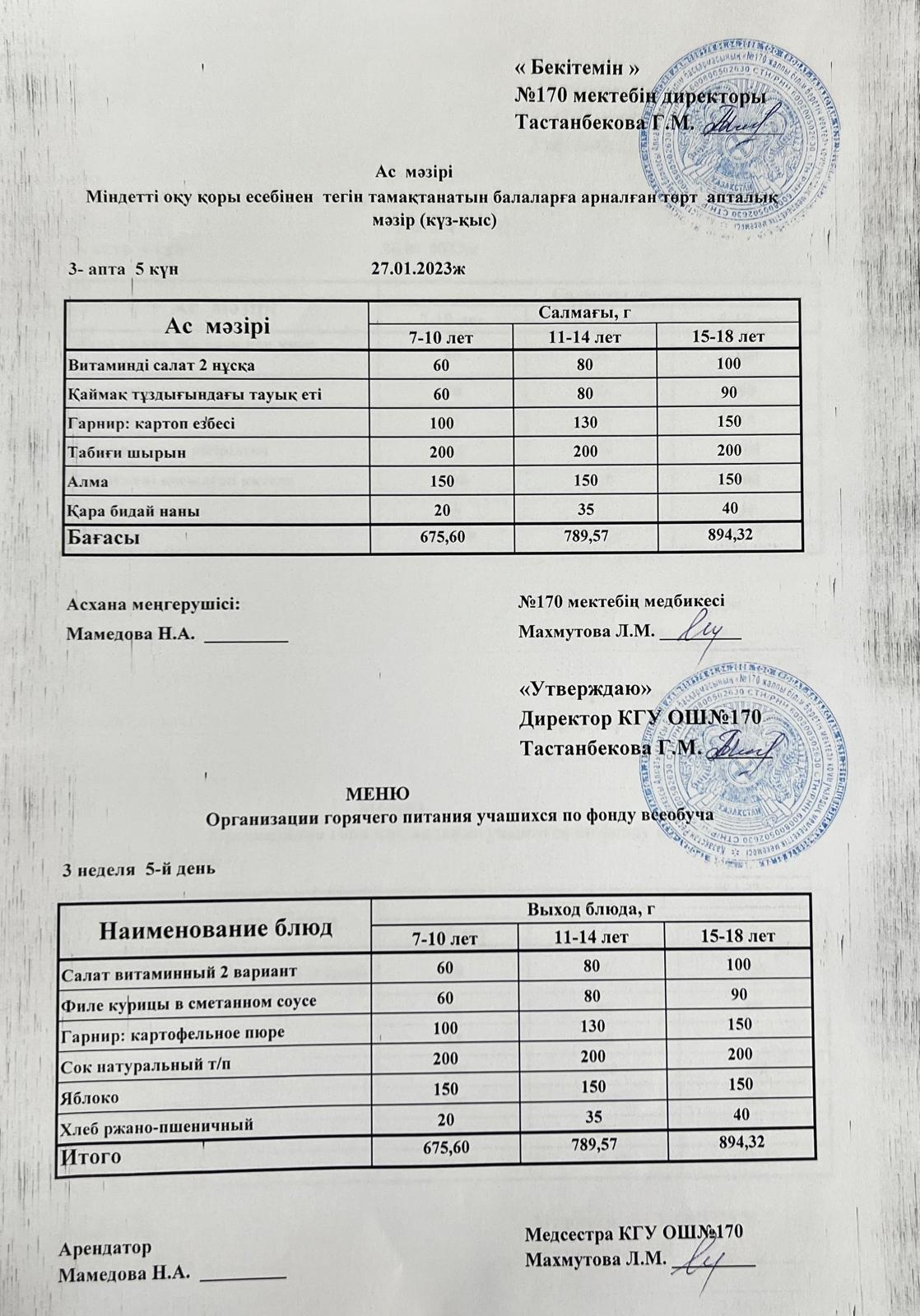 Ас мәзірі / меню на 27.01.2023