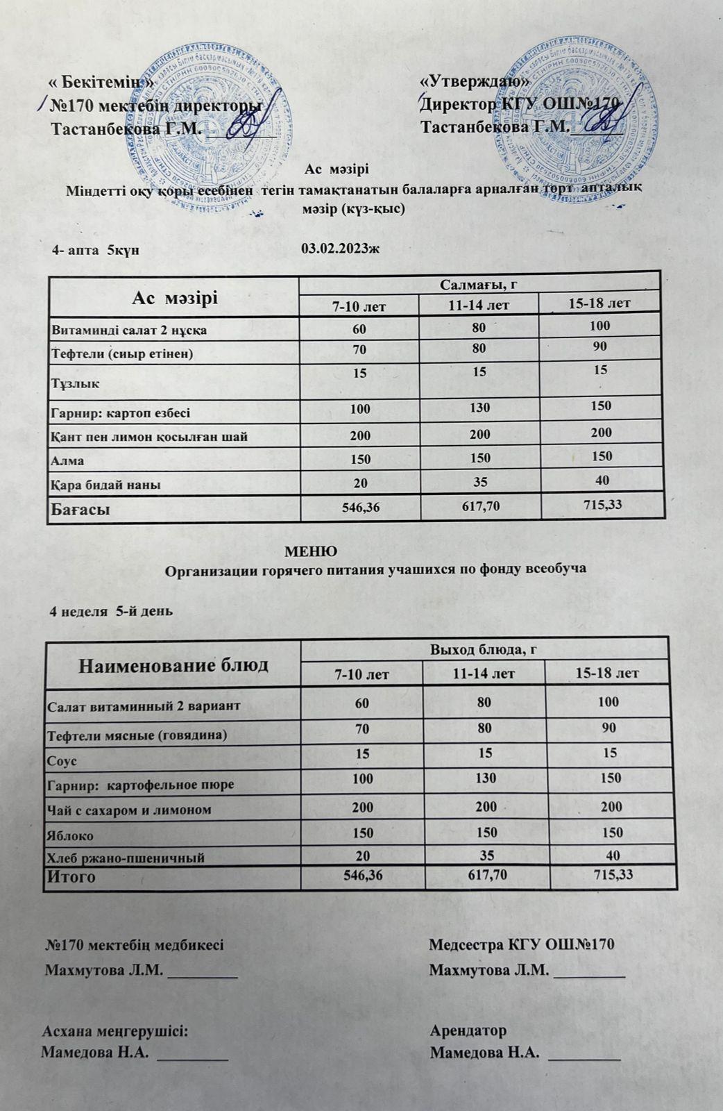 Ас мәзірі/меню на 03.02.2023