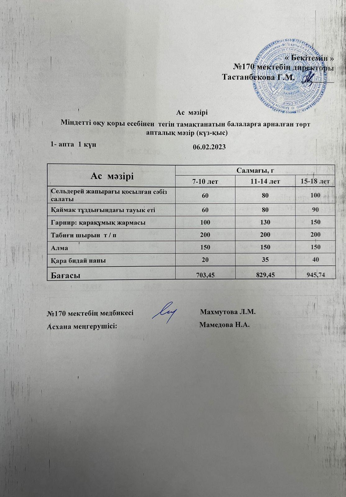 Ас мәзірі/ меню на 06.02.2023
