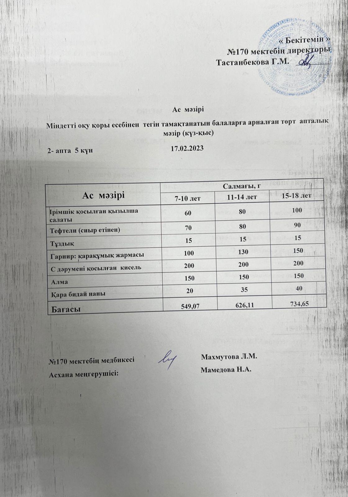 Ас мәзірі/меню на 17.02.2023