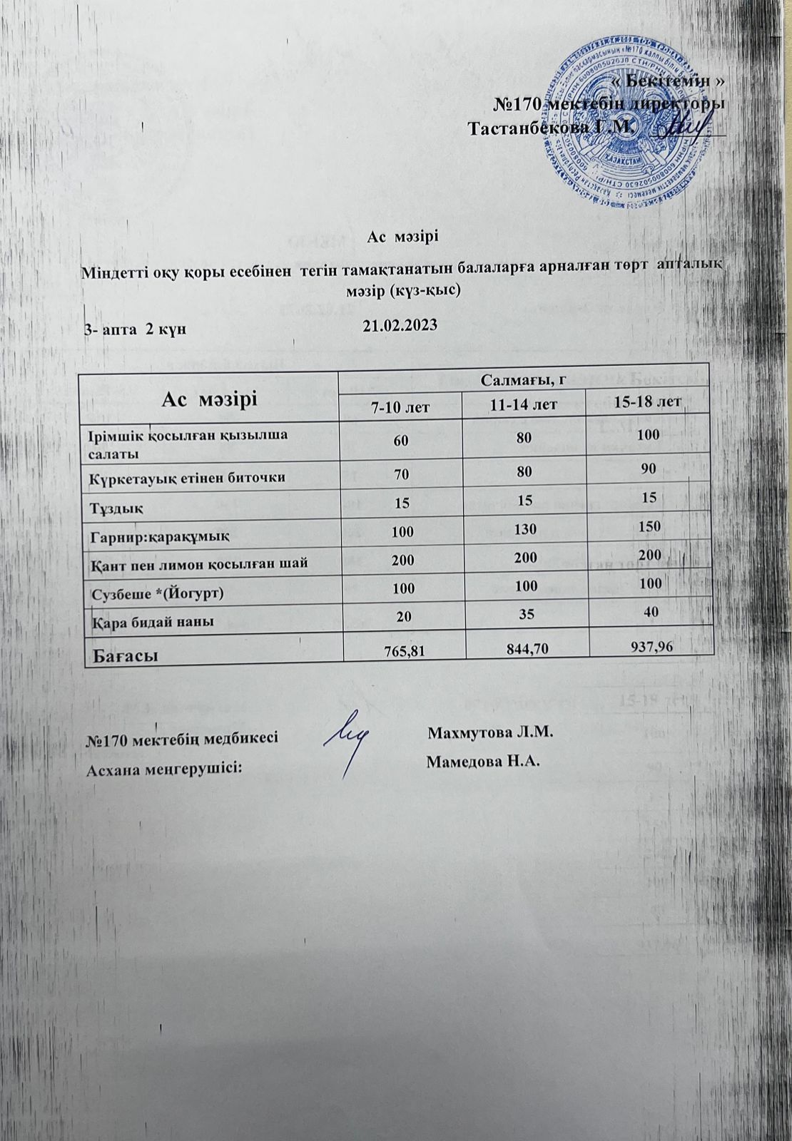 Ас мәзірі/ меню на 21.02.2023