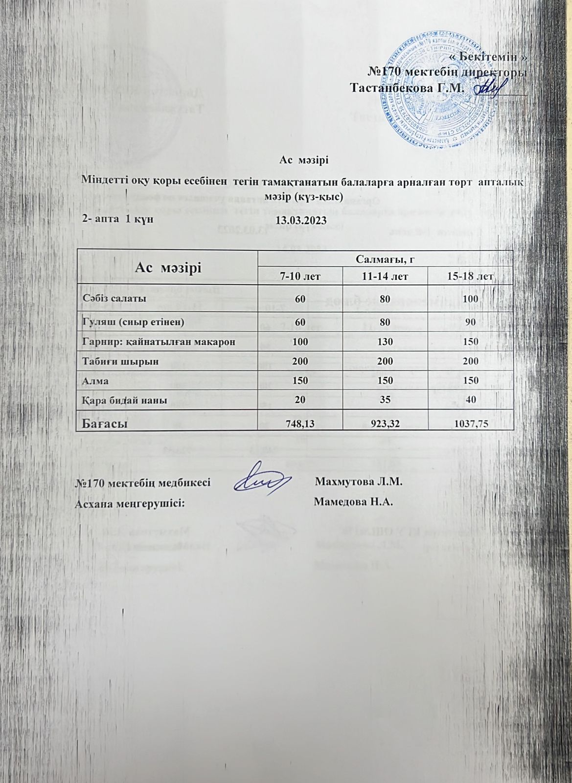 Ас мәзірі/меню на 13.03.2023