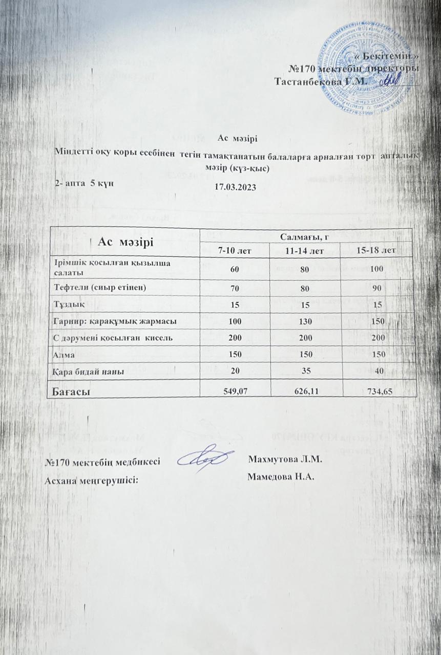 Ас мәзірі/ еню на 17.03.2023