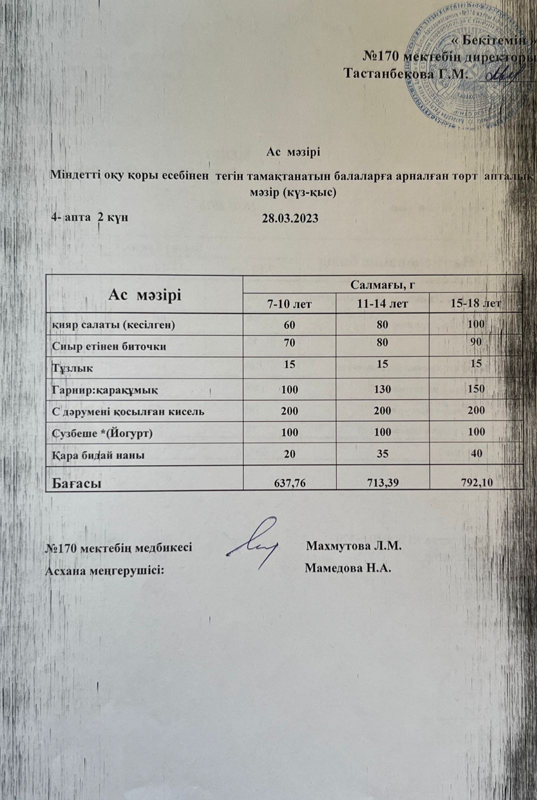 Ас мәзірі / меню на 28.03.2023