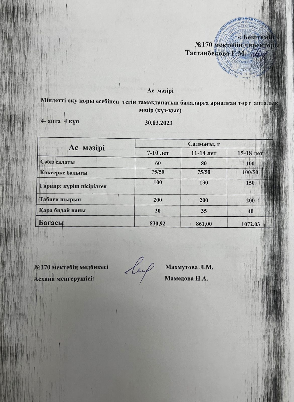 Ас мәзірі / меню на 31.03.2023