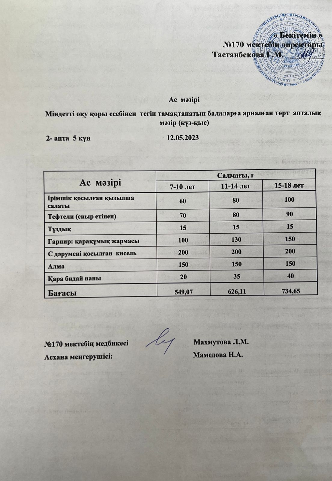 Ас мәзірі/меню на 12.05.2023