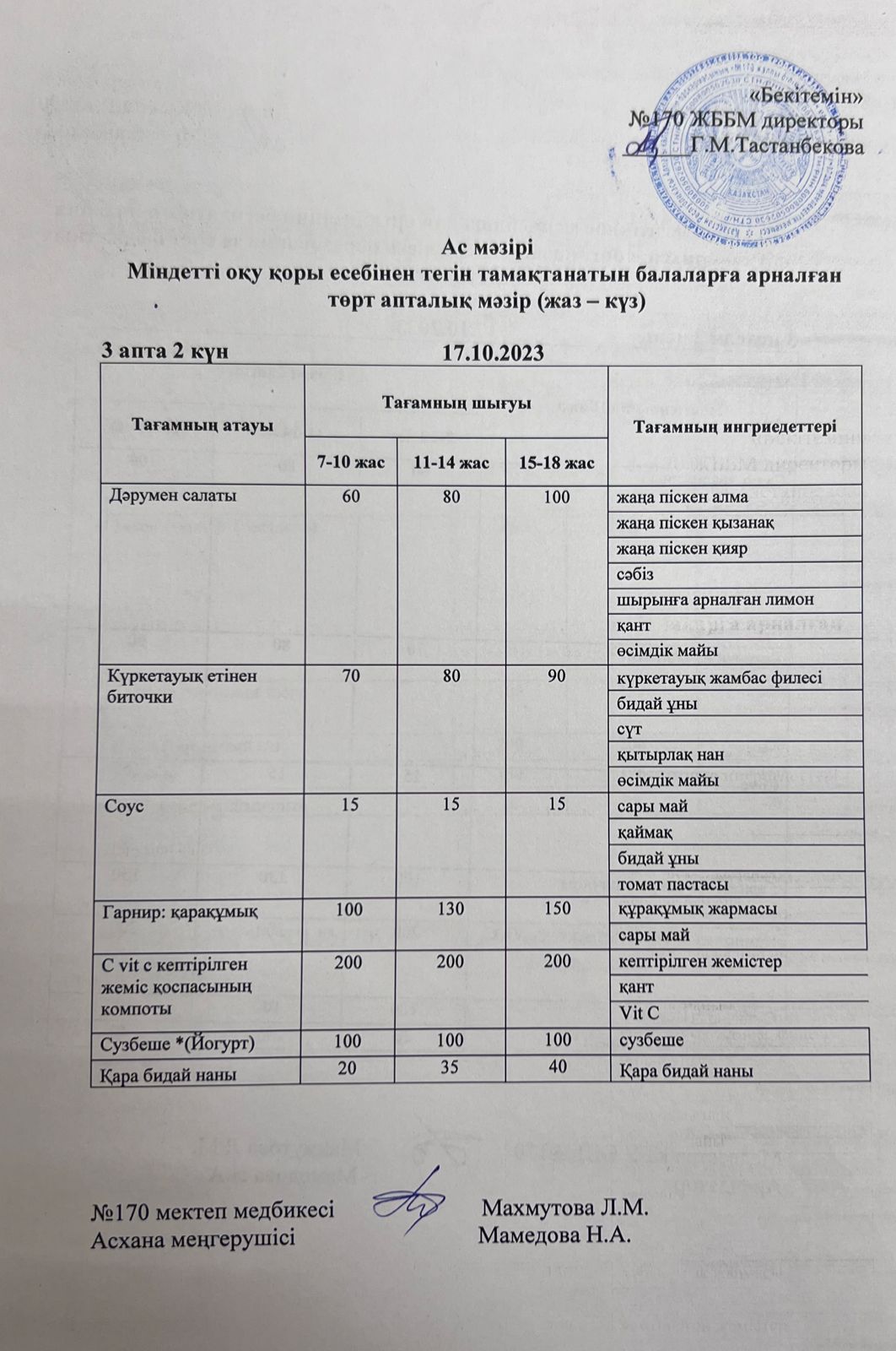Ас мәзірі/ меню на 17.10.2023