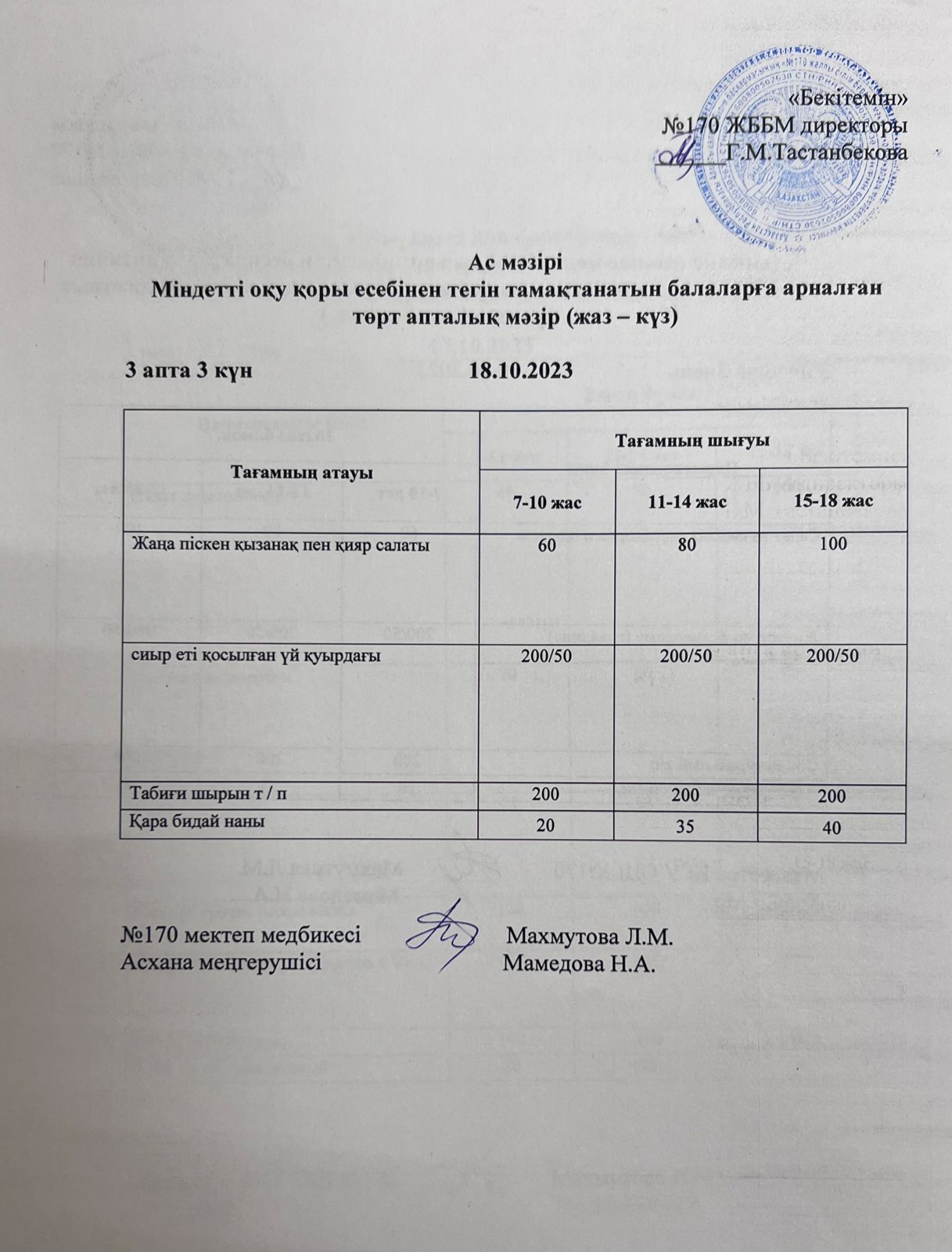 Ас мәзірі/ меню на 18.10.2023