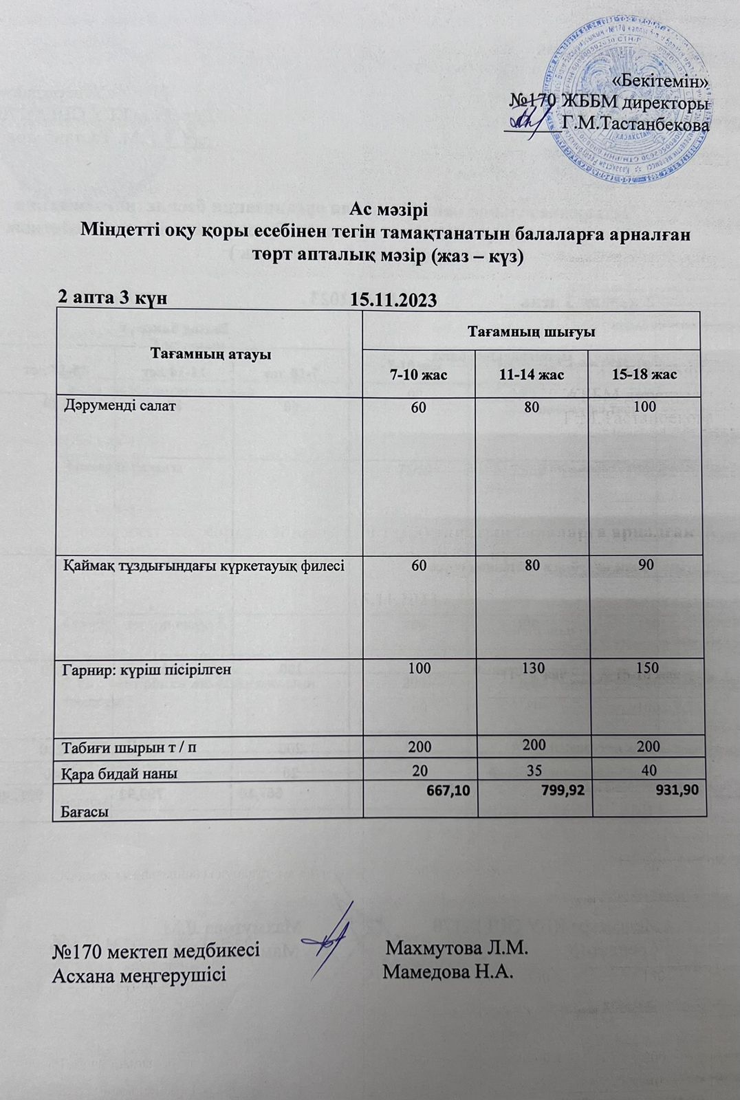 Ас мізірі / меню на 15.11.2023