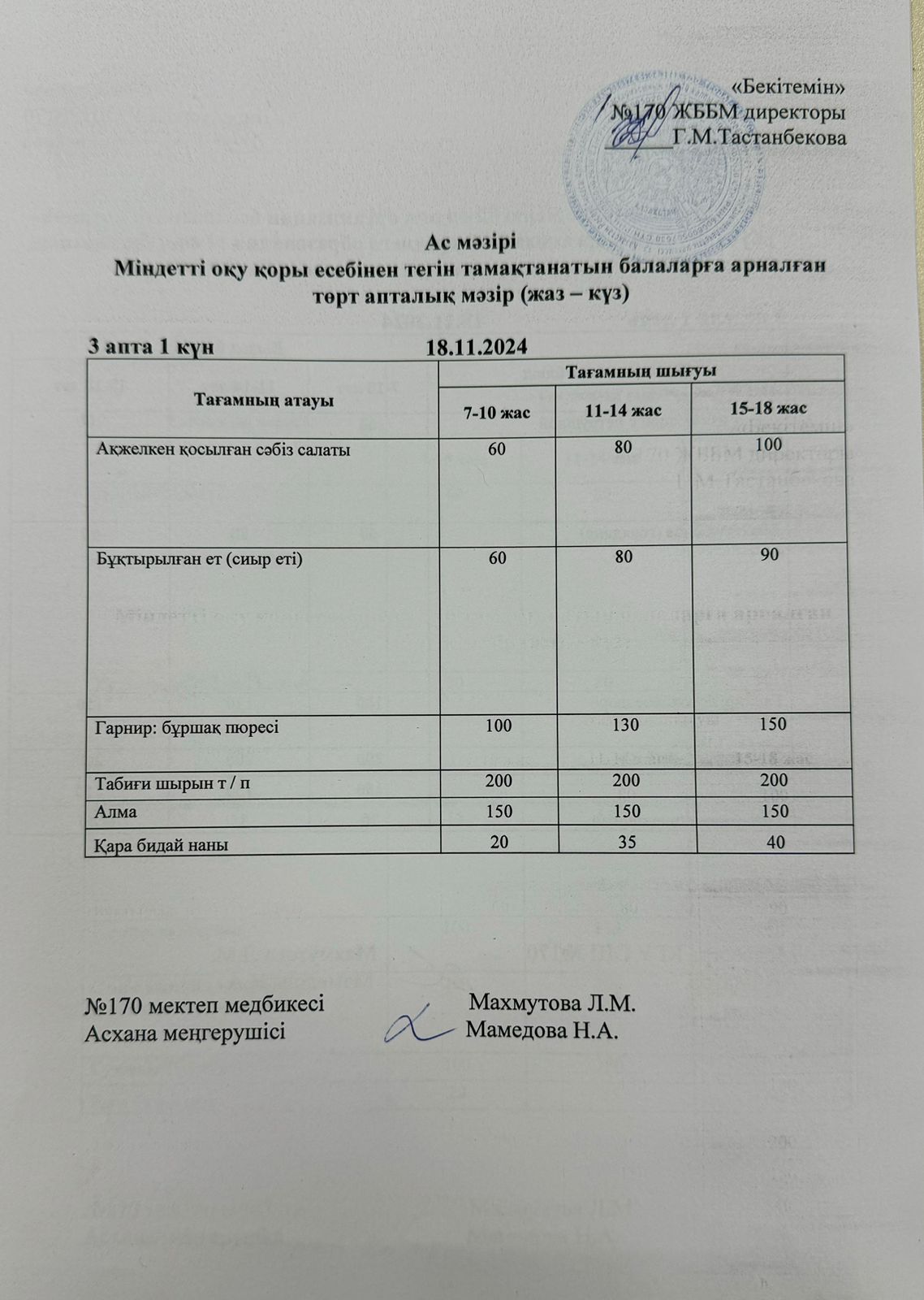 Ас мәзірі / меню на 18.11.2024