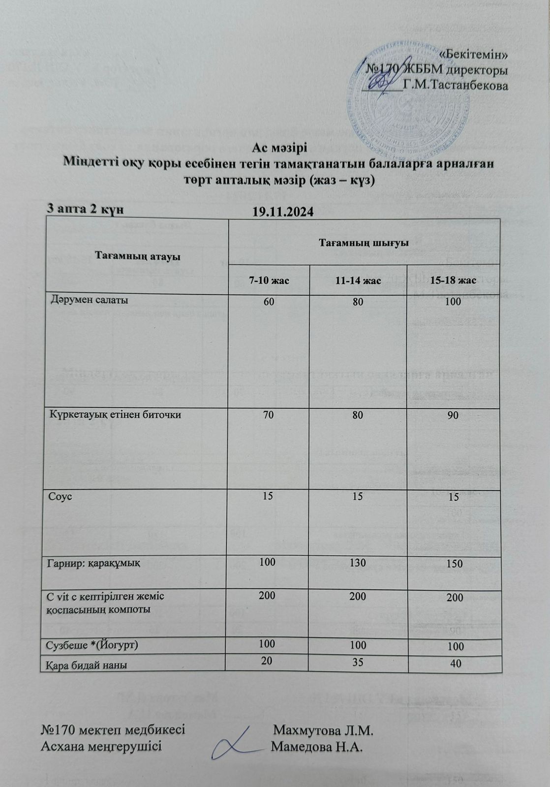 Ас мәзірі / меню на 19.11.2024