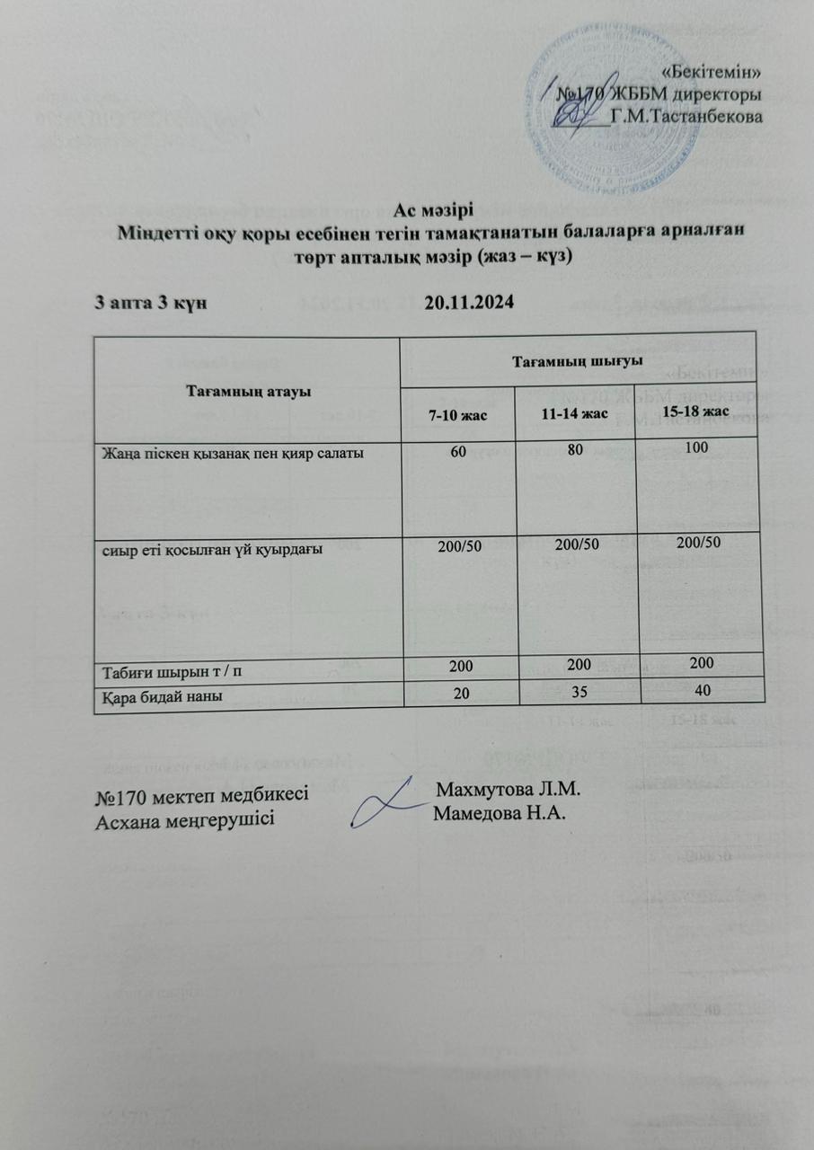 Ас мәзірі / меню на 20.11.2024