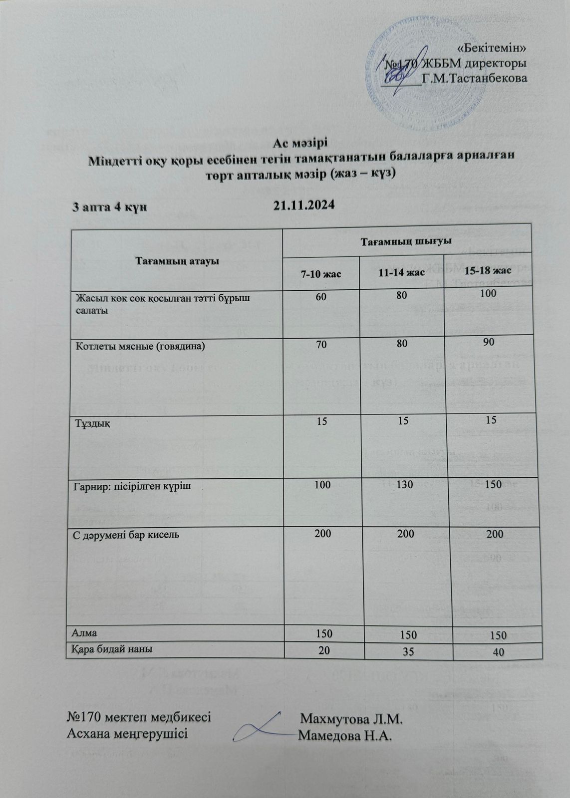 Ас мәзірі / меню на 21.11.2024