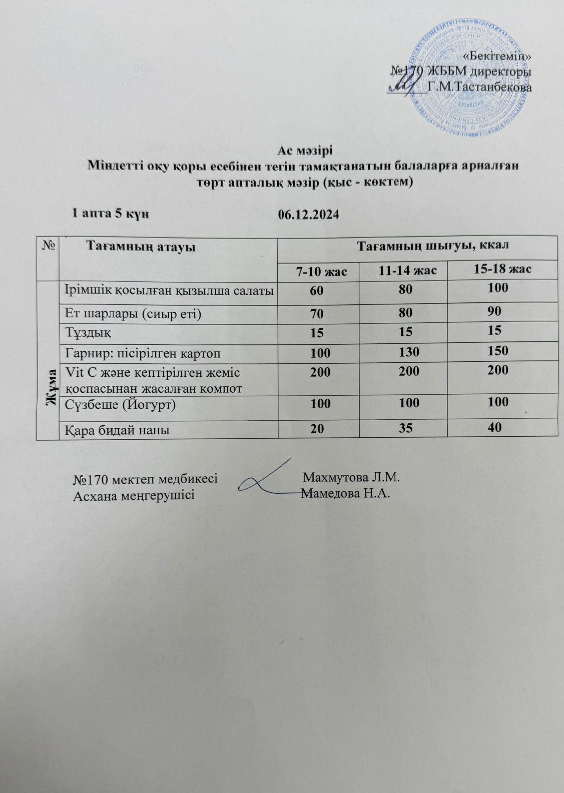 Ас мәзірі / меню на 06.12.2024