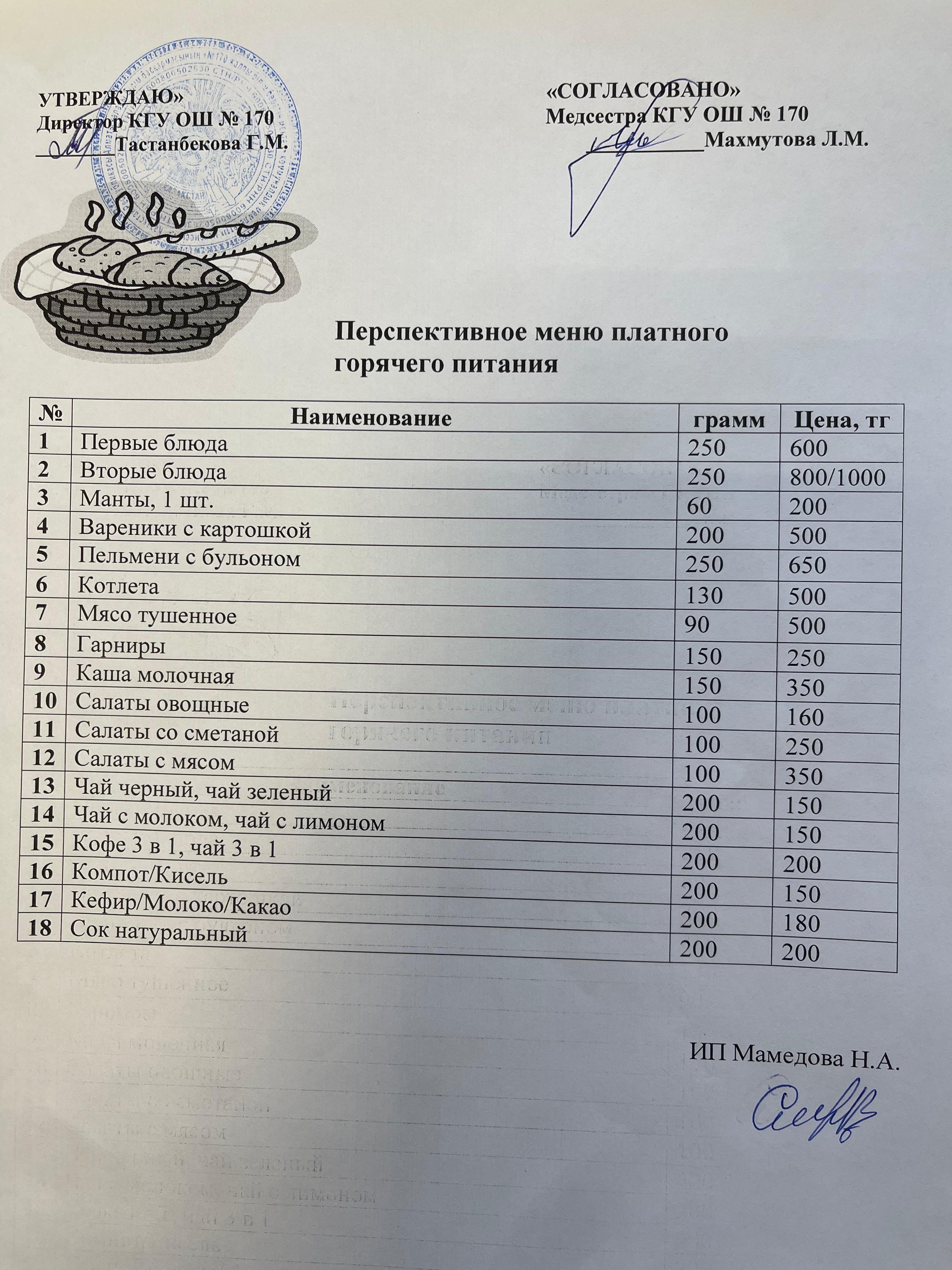 Перспективное меню платного горячего питания с указанием цен