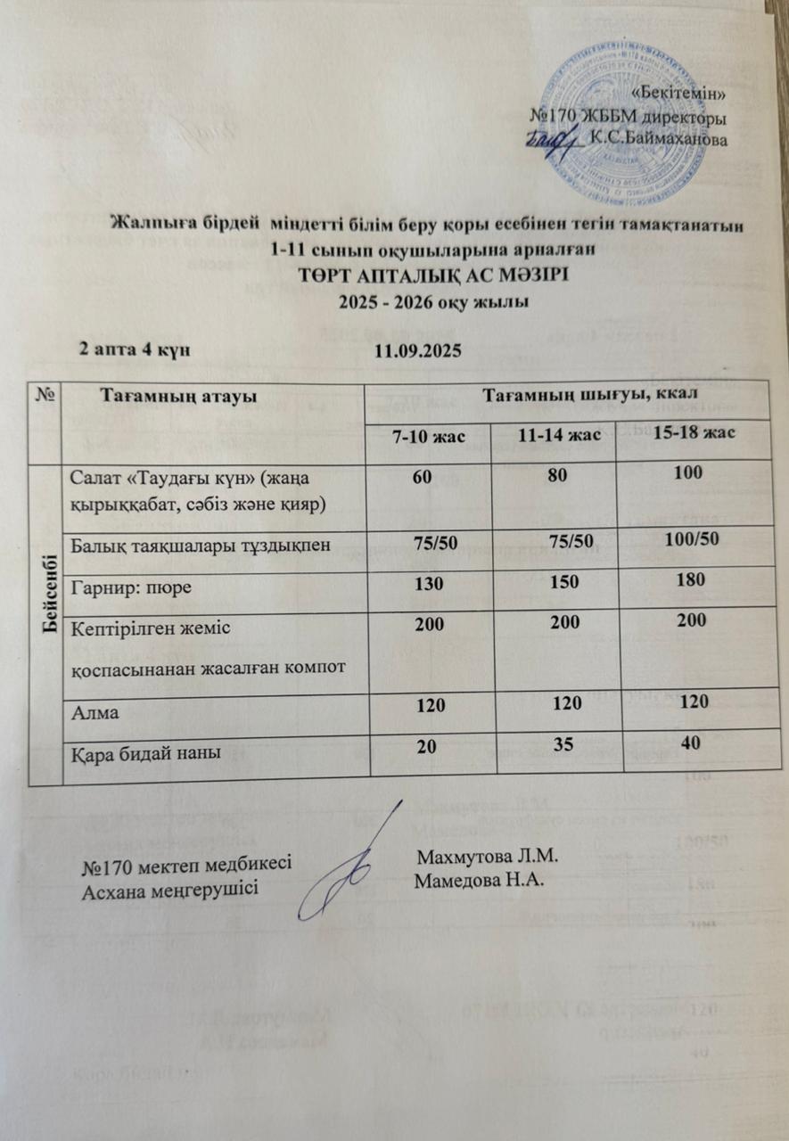 Ас мәзірі / Меню 11.09.2025