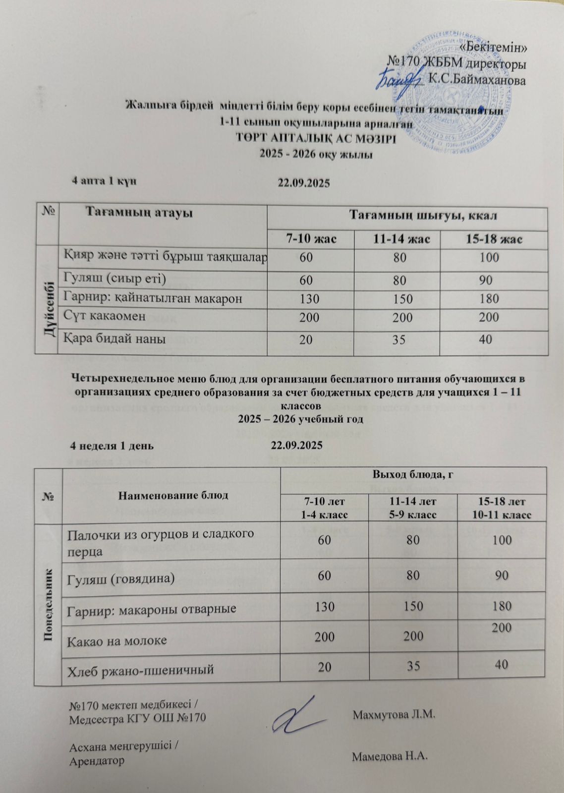 Ас мәзірі / Меню 22.09.2025