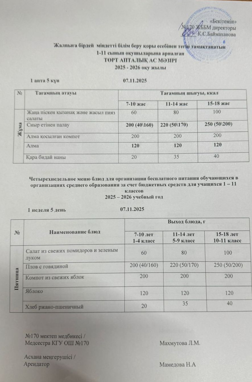 Ас мәзірі / Меню 07.11.2025