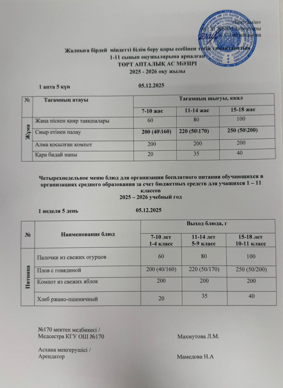 Ас мәзірі / Меню 05.12.2025