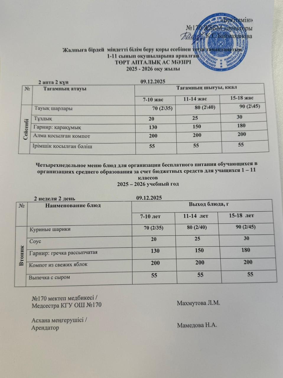 Ас мәзірі / Меню 09.12.2025