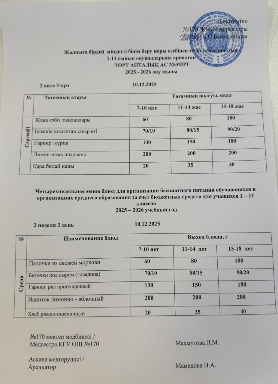 Ас мәзірі / Меню 10.12.2025