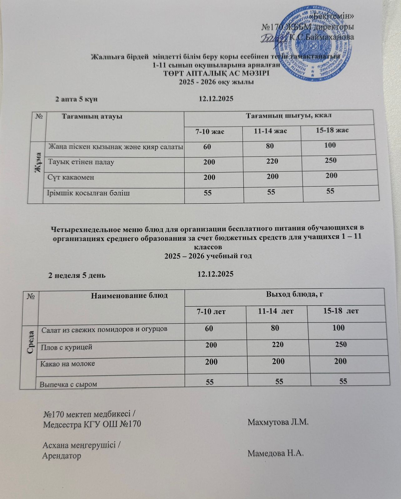 Ас мәзірі / Меню 12.12.2025