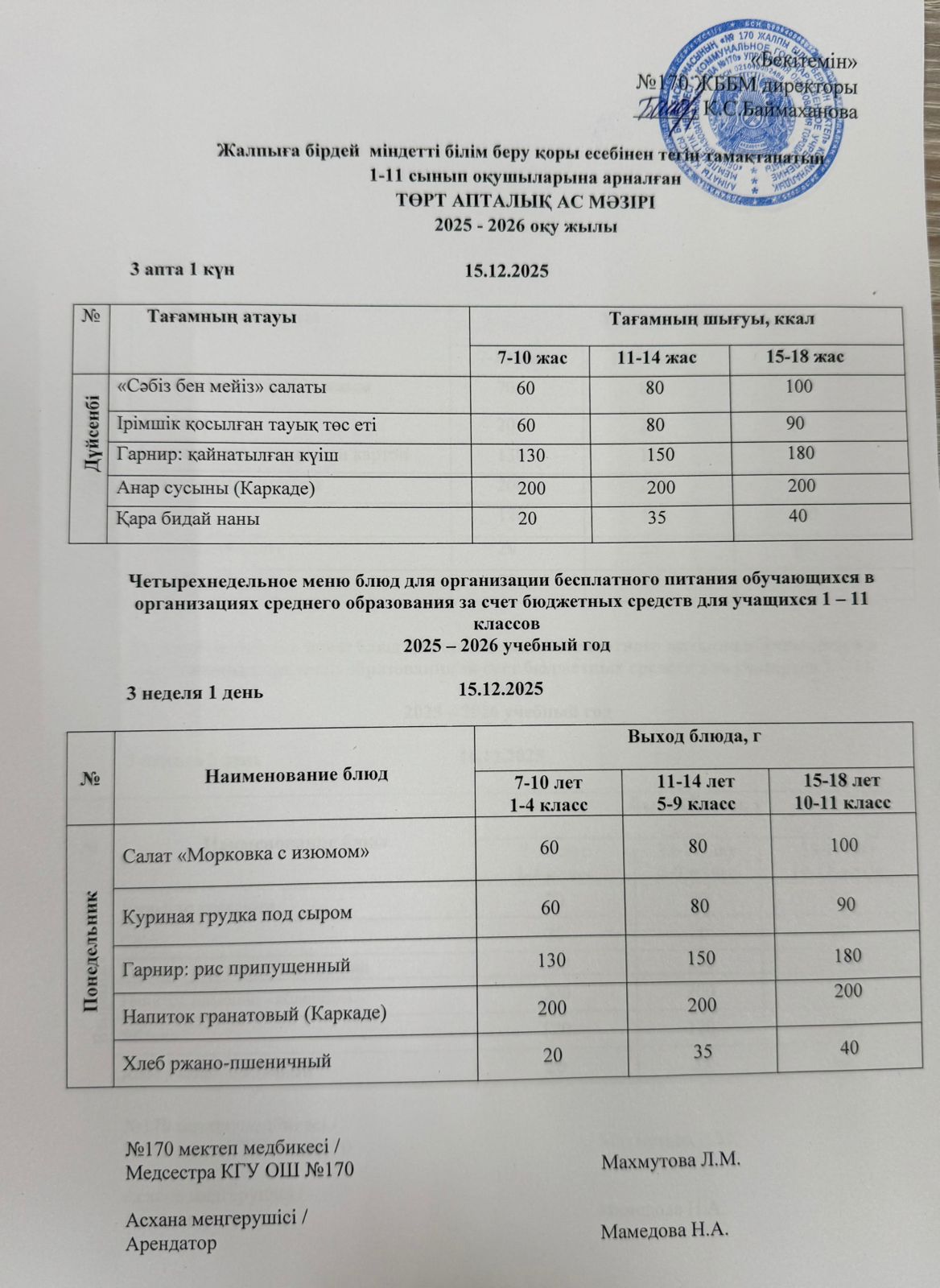 Ас мәзірі / Меню 15.12.2025