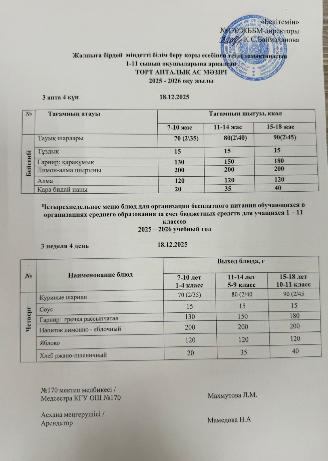 Ас мәзірі / Меню 18.12.2025