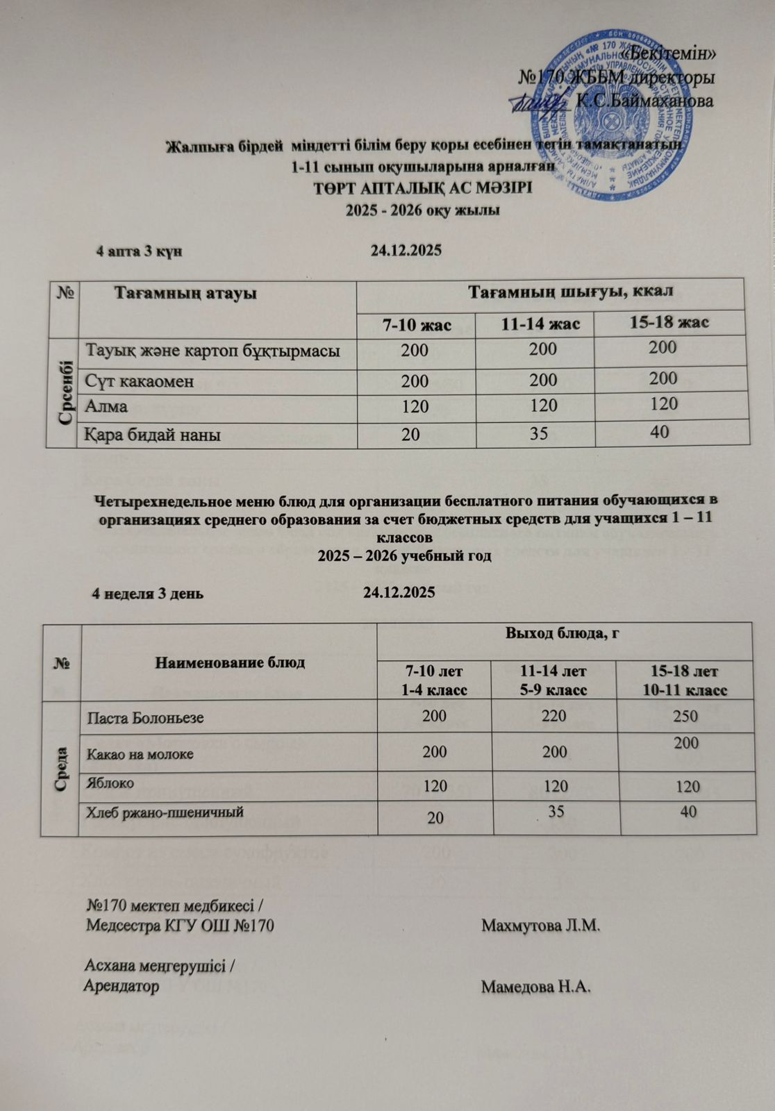 Ас мәзірі / Меню 24.12.2025