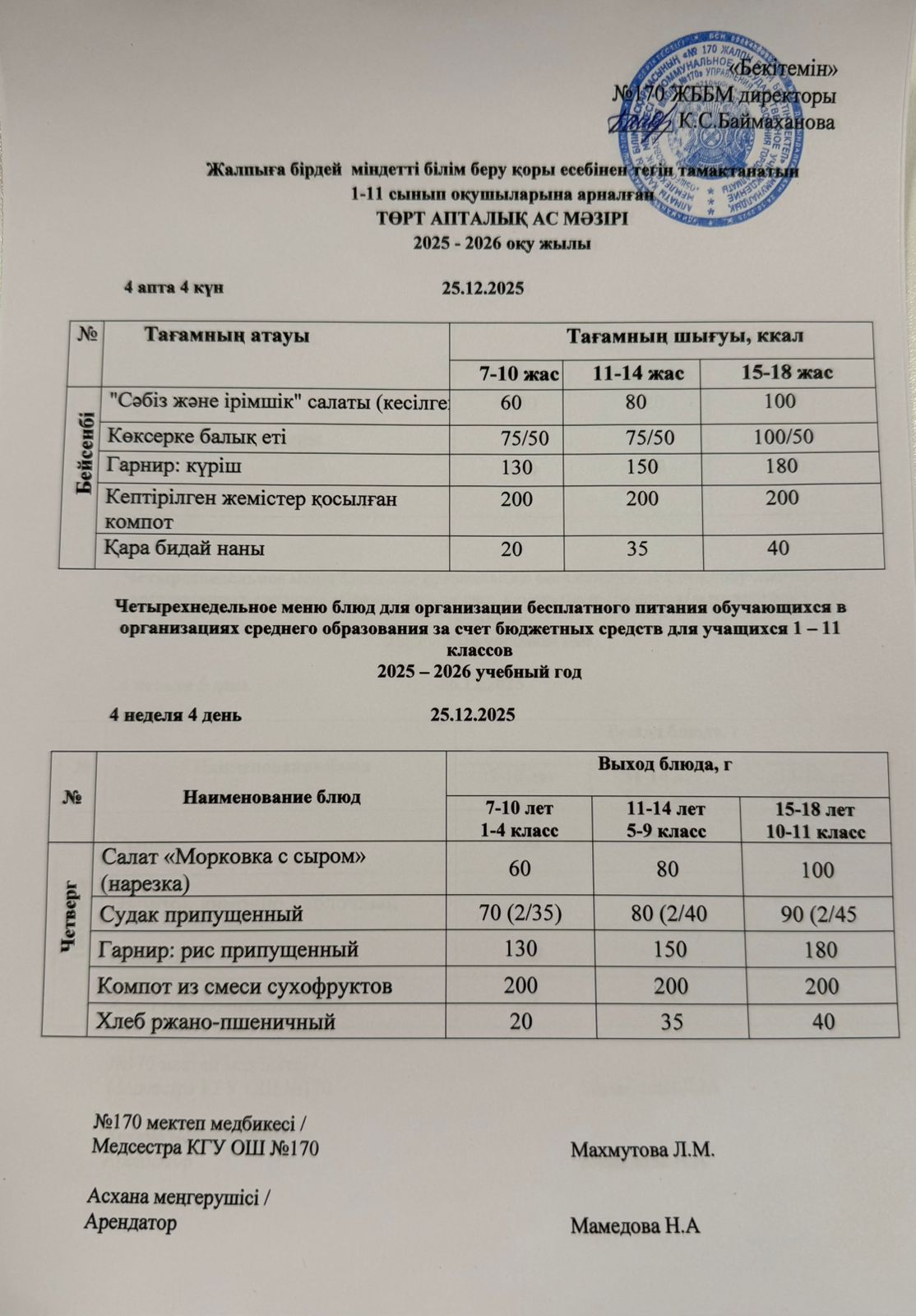 Ас мәзірі / Меню 25.12.2025